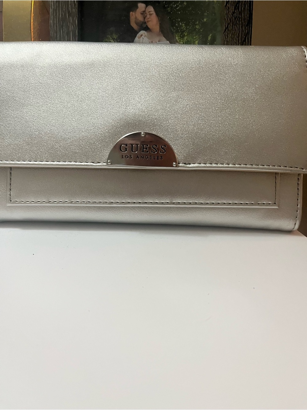 GUESS Metallic Silver Fold-Over Clutch